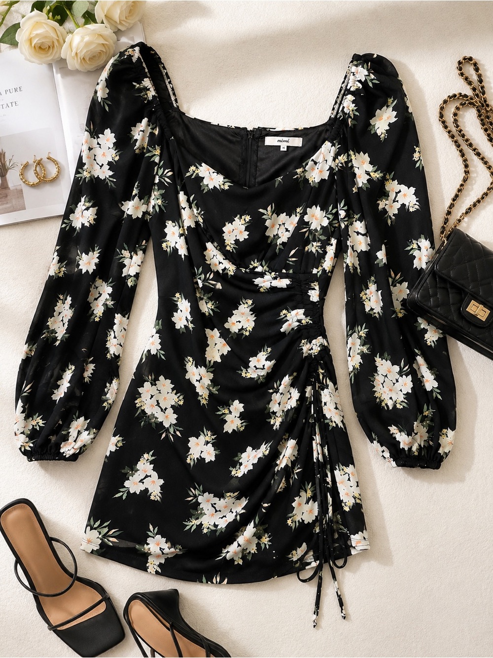 Mimi Black Floral Ruched Mini Dress Puff Sleeve Square Neck Size M
